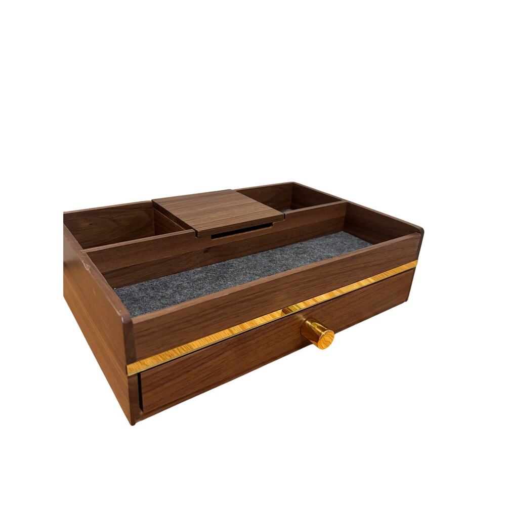 Samsonico Solid Walnut Valet Organizer Box with Drawer & Brass Knob